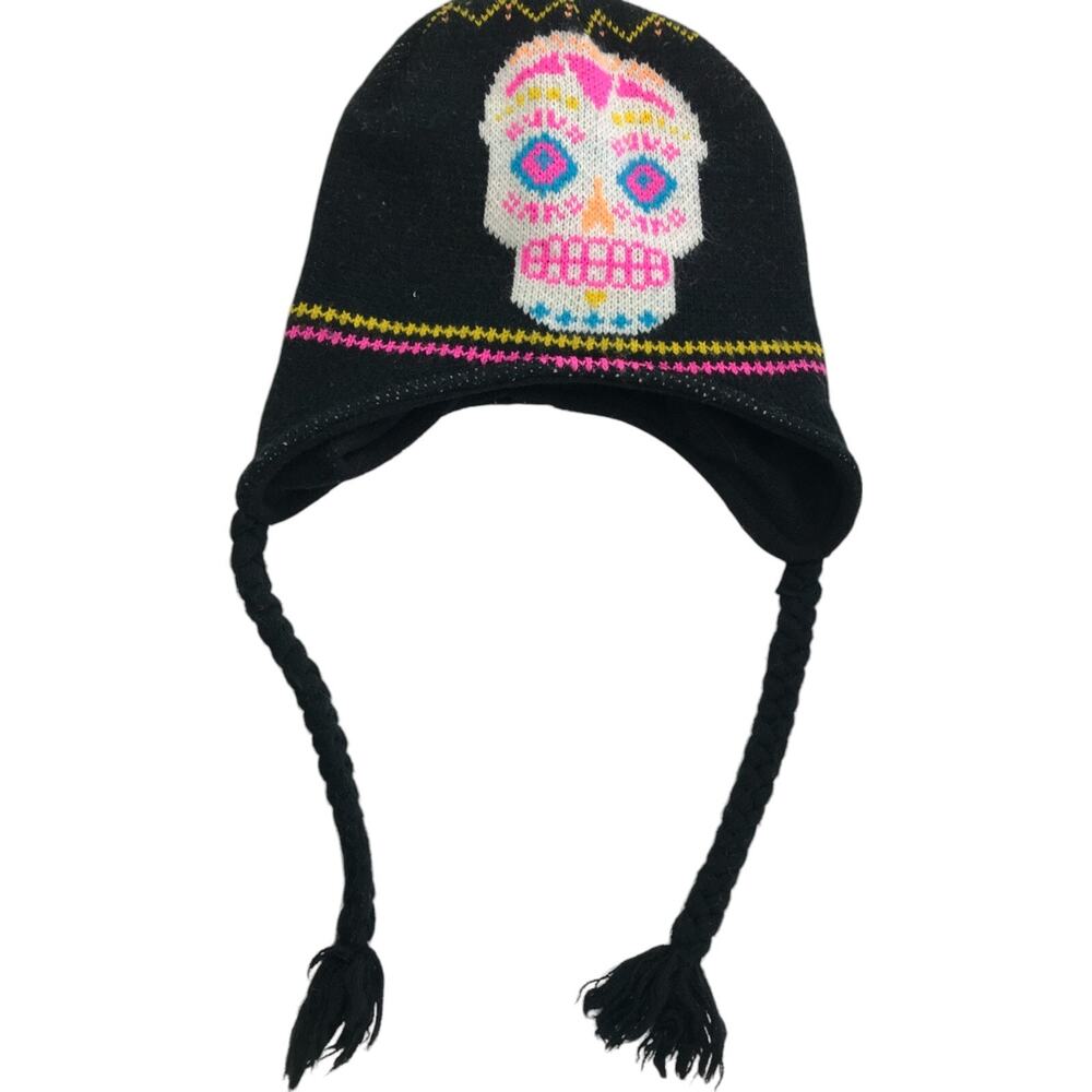 Sugar Skull Knit Beanie Womens Black Day of the Dead Themed Braided Ties NEW